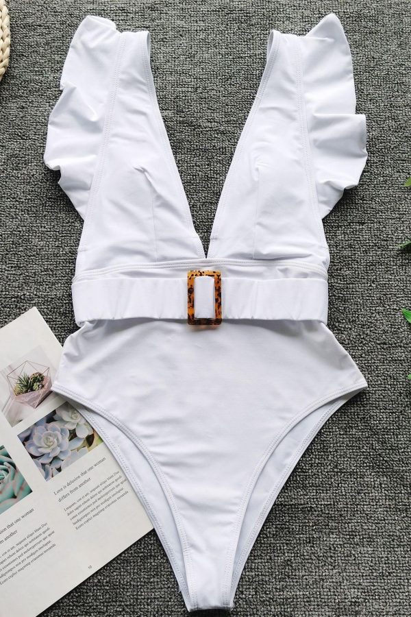 Plunging One Piece Swimsuits Ruffle Swimwear Women 2021 Belted Bathers Sexy Backless Beachwear High Cut Bathing Suits - Takalr