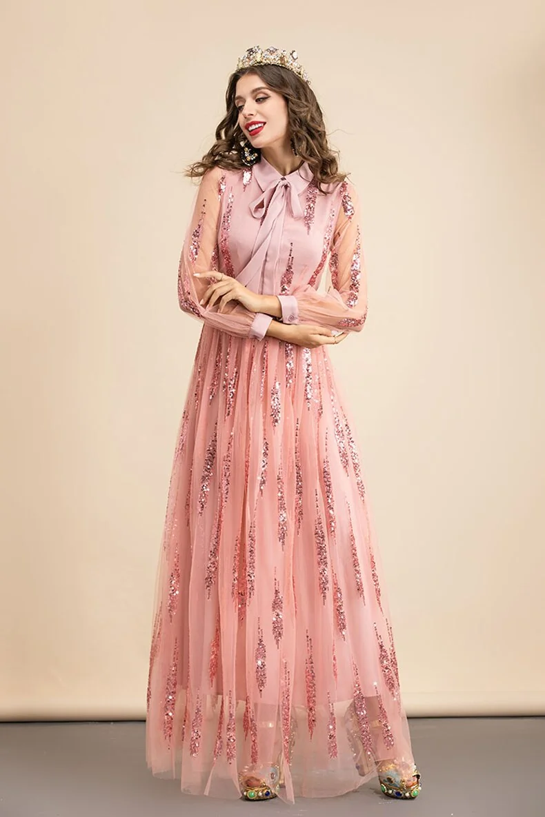 Women's Runway Dresses Turn Down Collar Long Sleeves Sequined Patchwork Elegant Maxi Party Dresses