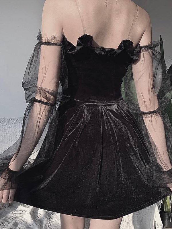 2021 Gothic Sexy Dress Vintage Off Shoulder Lantern Sleeve Mesh Patchwork Velvet Mini Dress Dark Street Black Dress for Female - Takalr