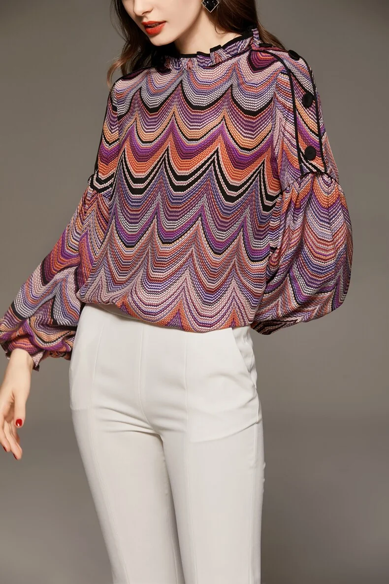 100% Silk Women's Shirt Ruffled Collar Long Lantern Sleeves Waves Printed Piping Fashion Casual Blouse - Image 5