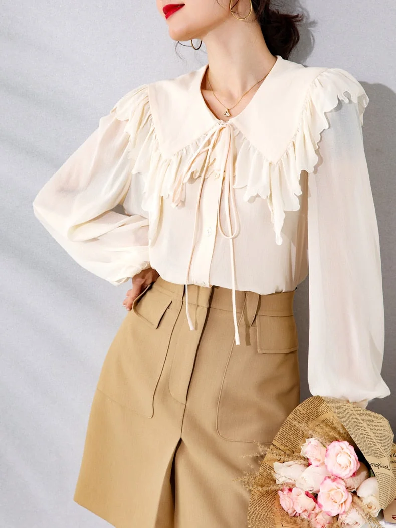 100% Silk Women's Shirt Turn Down Collar Long Sleeves Lace Up Ruffles Elegant Fashion Blouse Tops - Image 11