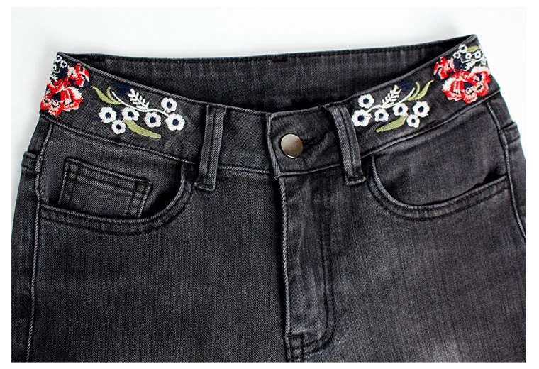 Vintage Embroidery Jeans Woman Elastic Black Jeans Spring Autumn Flare Denim Pants - Image 8