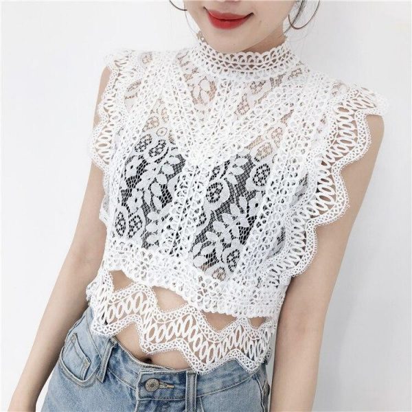 Summer new women's fresh temperament openwork lace top women's solid color wild vest women - Takalr