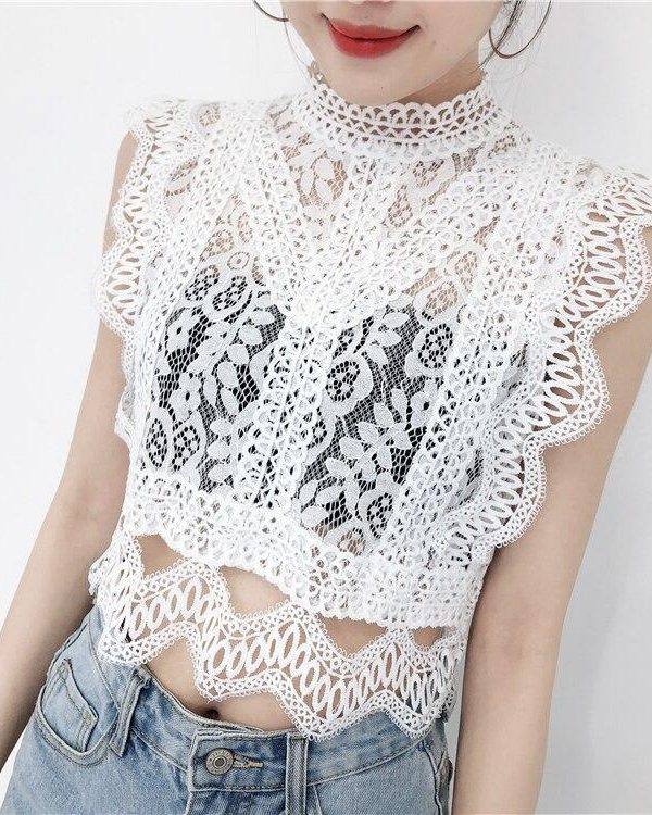 Summer new women's fresh temperament openwork lace top women's solid color wild vest women - Takalr