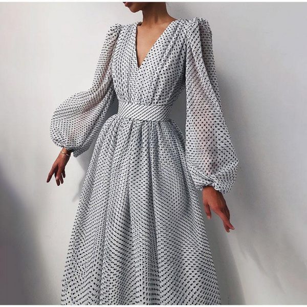 Polka Dot High Waist Midi Dresses Women V-Neck Sweet Long Puff Sleeve Elegant Dress Female 2021 Christmas Lady Party Vestidos - Takalr