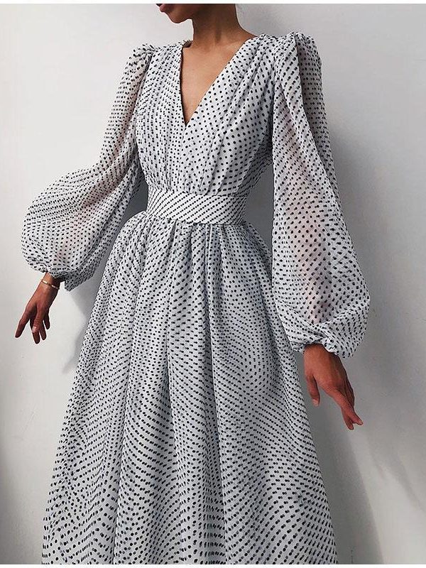 Polka Dot High Waist Midi Dresses Women V-Neck Sweet Long Puff Sleeve Elegant Dress Female 2021 Christmas Lady Party Vestidos - Takalr