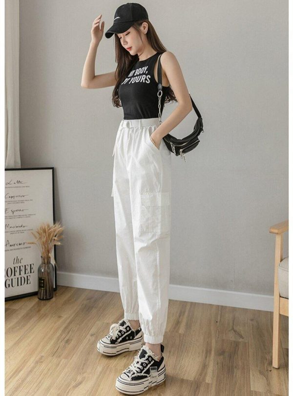 High Waist  Women's Looses Cargo Pants With belt nine-point harem pants Colorfur  high waist pants sashes pockets office pants - Takalr