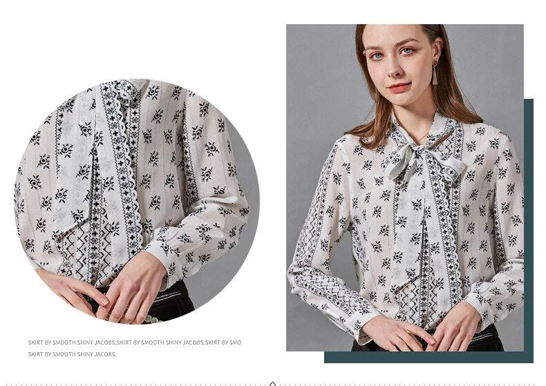 100% Natural Silk Women's Shirt Lace Bow Collar Long Sleeves Printed Fashion Blouse Floral Camisa - Image 6