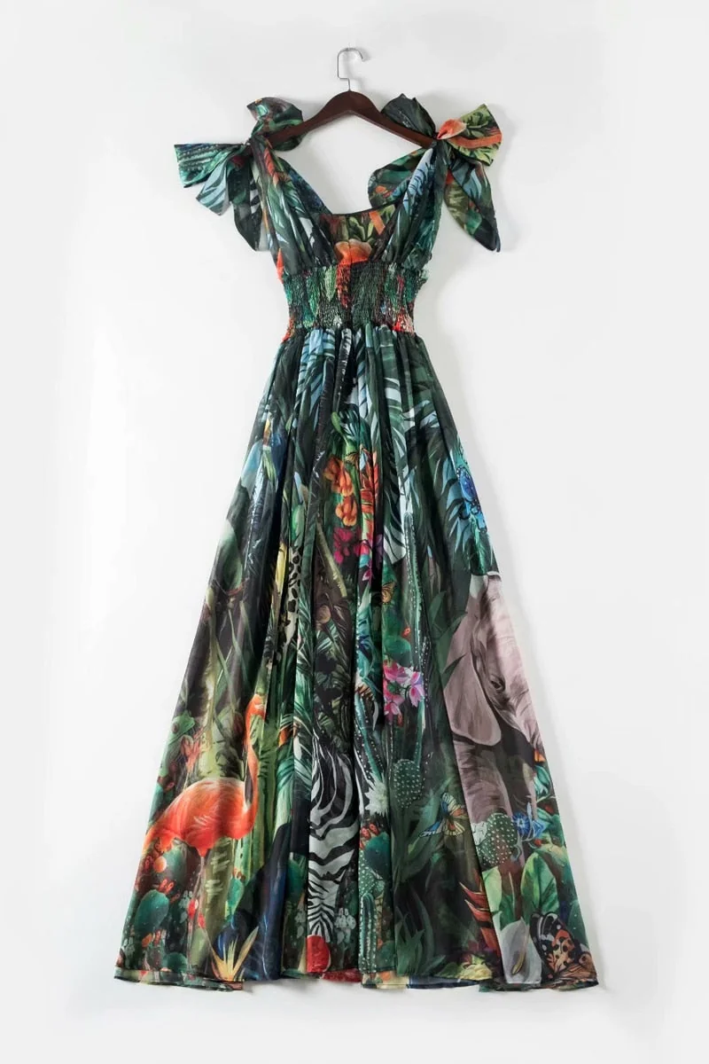 Women's Runway Dresses Sexy V Neck Sleeveless Lace Up Bow Printed Elastic Waist Elegant Long Floral Dresses - Image 10