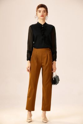 100% Silk Women's Shirt O Neck Long Sleeves Ruffles Beaded Fashion Blouse Autumn Tops Camisa