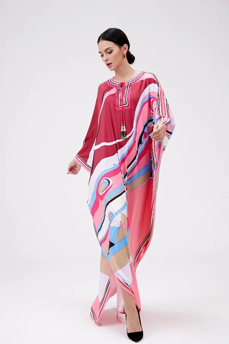 Women's Runway Dresses Lace Up O Neck Batwing Sleeves Knitted Printed Elegant Long Robes High Street Casual Vestidos - Image 2