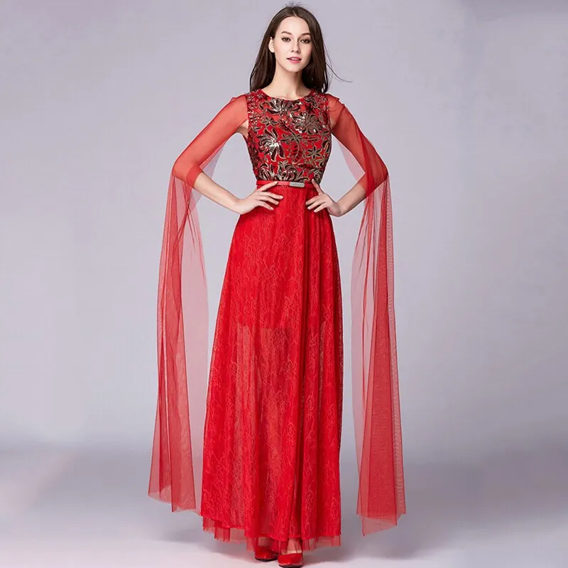 Women's Party Prom O Neck Cape Sleevese Embroidery Lace Patchwork Elegant Fashion Party Prom Long Maxi Designer Gown Vestidos - Image 2