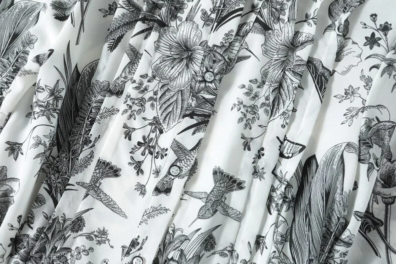 100% Silk Women's Dresses Turn Down Collar Short Sleeves Printed Single Breasted Fashion Dress Vestidos - Image 12