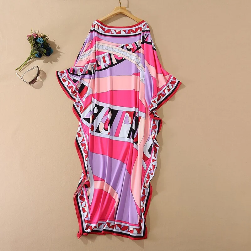Women's Runway Loose Design Dresses Slash Neckline Batwing Sleeves Multicolor Printed Elegant High Street Maxi Dresses - Image 10