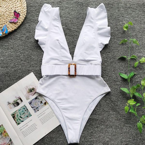 Ruffles White One Piece Swimsuit 2021 New Arrival Padded Deep V-Neck Belt Sexy Swimwear Women Bathing Suit Monokini - Takalr