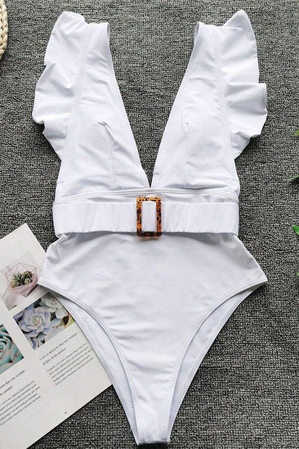 Ruffles White One Piece Swimsuit 2021 New Arrival Padded Deep V-Neck Belt Sexy Swimwear Women Bathing Suit Monokini - Takalr