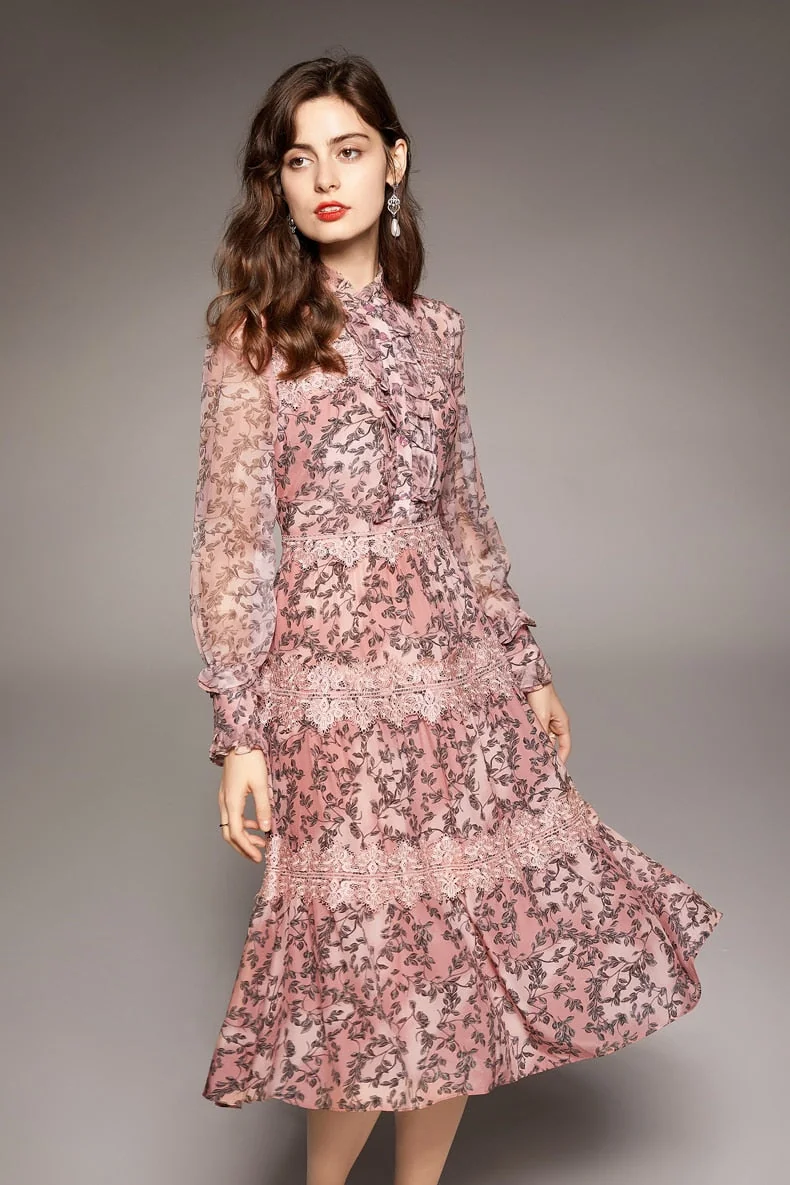 100% Natural Silk Women's Dresses O Neck Long Sleeves Ruffles Tired Lace Patchwork Printed Fashin Dress Vestidos - Image 6