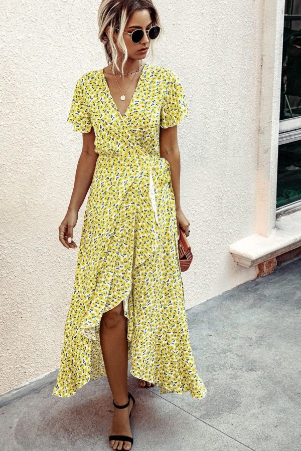 Summer Maxi Dress Women Polka Dot Sexy V Neck Ruffles Short Sleeve Holiday Long Beach Sundress Ladies Lace Up Wrap Party Dresses - Takalr