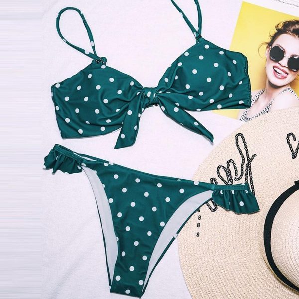 2021 Bikinis Mujer Sexy Ruffle Swimwear Women Tie Front Swimsuit Polka Dot Print Biquini Beach Wear Bathers Bathing Suit - Takalr