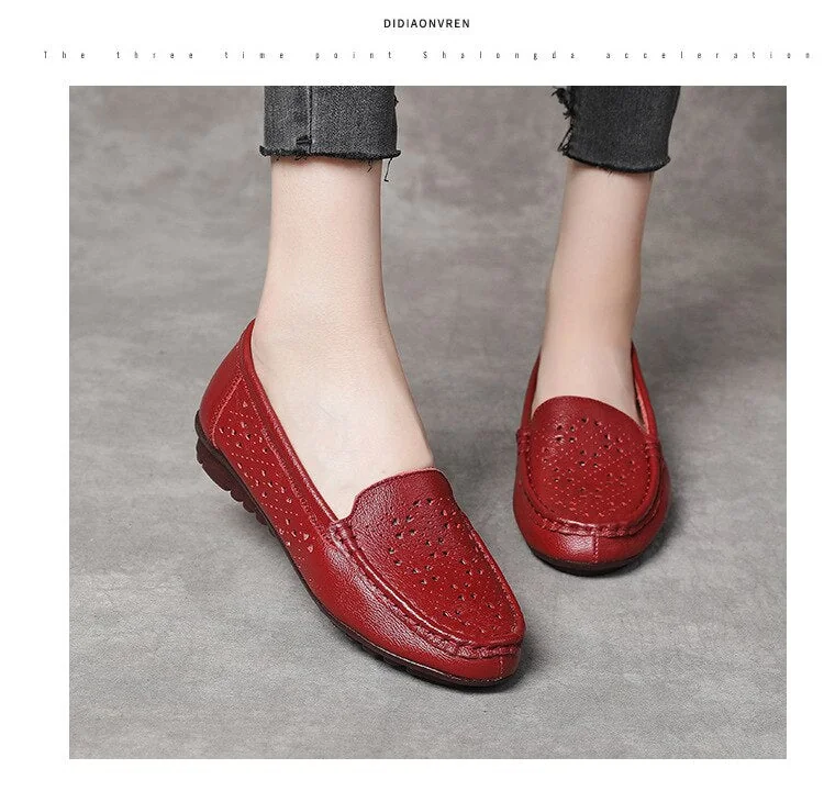 Women Flats Summer Women Genuine Leather Shoes Hollow Slip On Casual Flat Shoes Women Loafers Soft Nurse Ballerina Shoes - Image 9