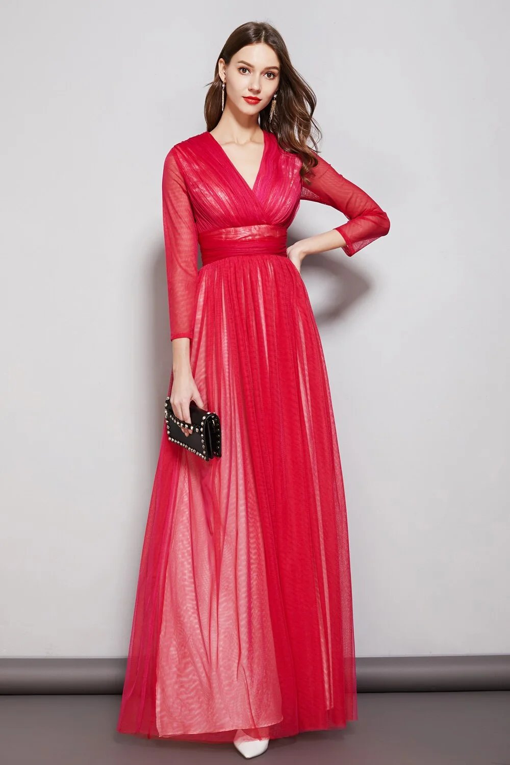 Women's Party Prom Sexy V Neck Long Sleeves Ruched Waist Layered Elegant Maxi Fashion Dresses - Image 3