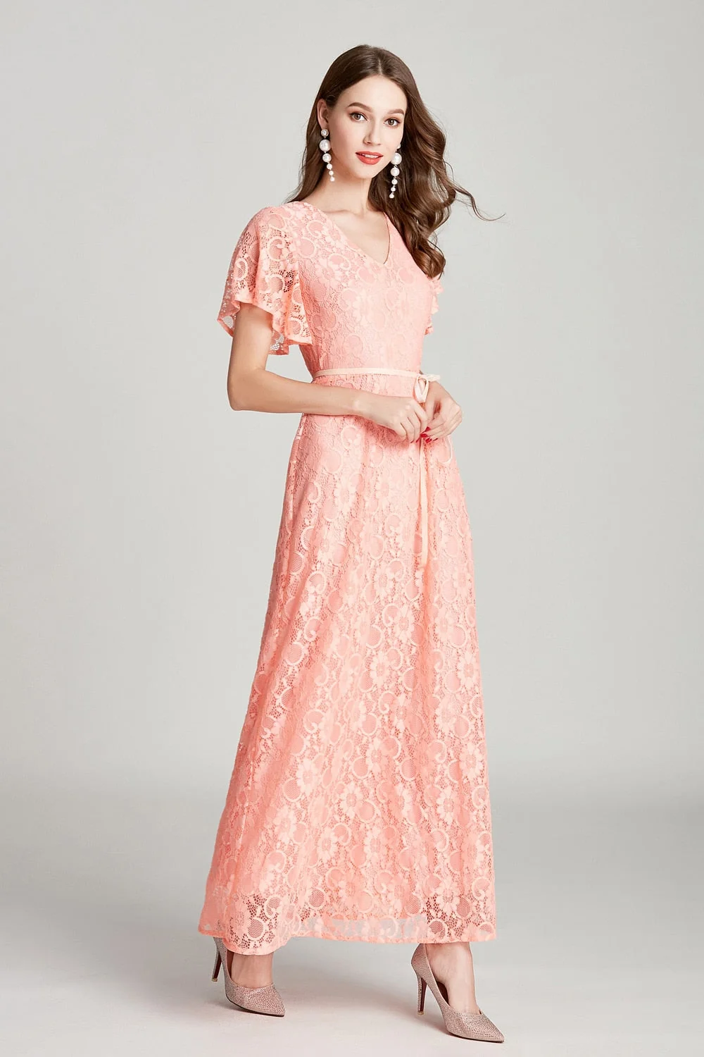 Sexy V Neck Short Sleeves Embroidery Lace Fashion High Street Long Dresses - Image 5