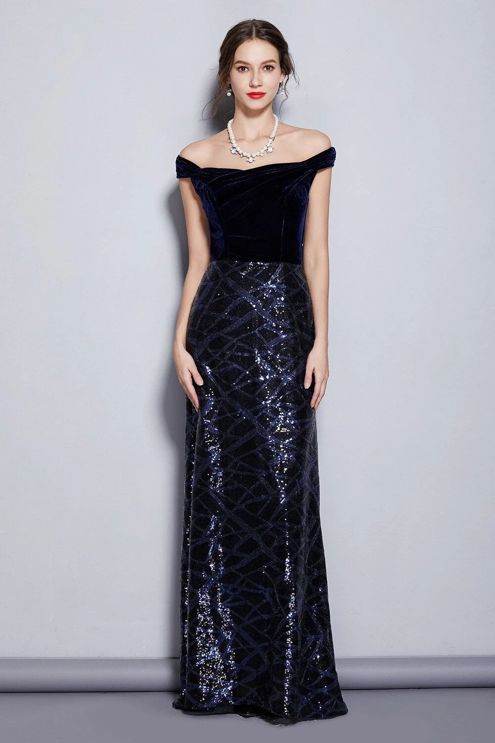 Women's Runway Designer Dresses Slash Neckline Cap Sleeves Velour Bodice Patchwork Sequined Elegant Long Party Dresses - Image 3