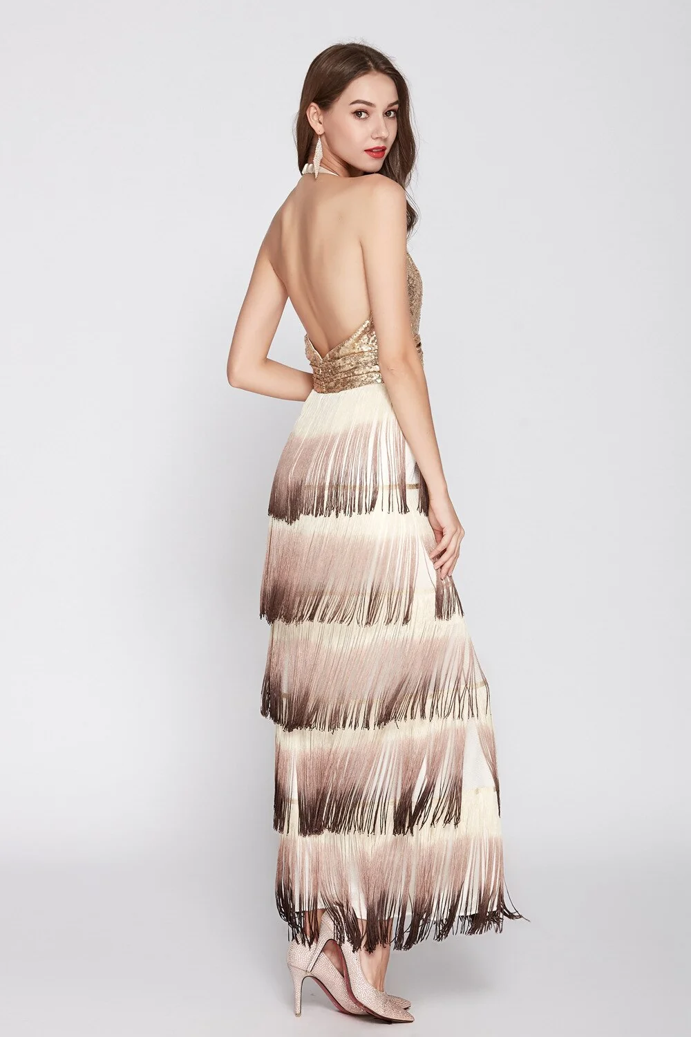 Women's Sexy Halter V Neck Sleeveless Open Back Tiered Tassels Evening Prom Fashion Long Runway Designer Dresses - Image 5