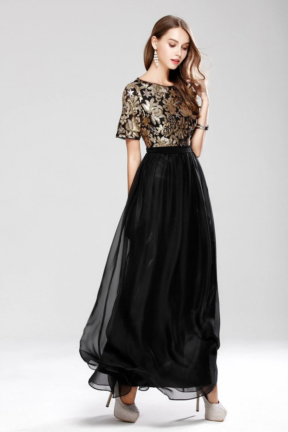 Women's O Neck Short Sleeves Sequined Patchwork Fashion Long Party Prom Elegant Maxi Dresses - Image 2