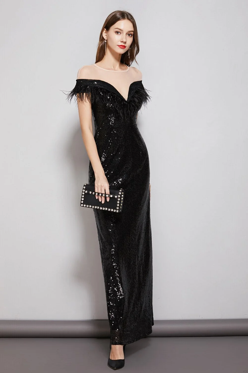 Women's Evening Party Prom O Neck Short Sleeves Feathers Tassels Sequined Patchwork Fashion Long Dresses - Image 2