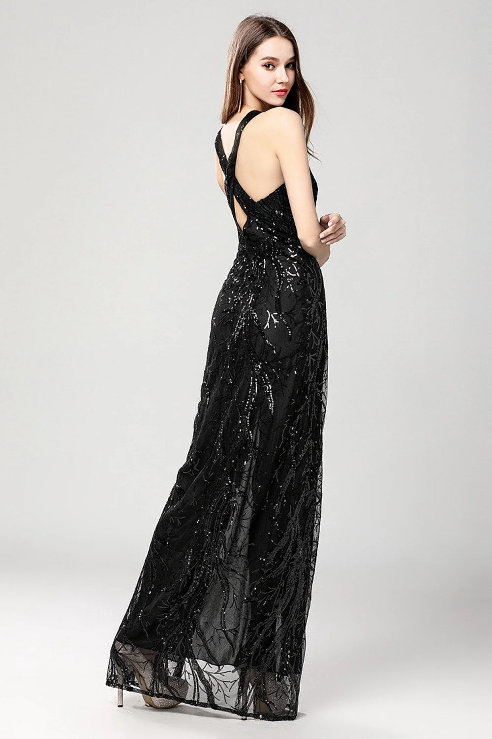Women's Sexy Low V Neck Sleeveless Cross Open Back Embroidery Sequined Prom Party Dresses Long Runway Dresses - Image 23