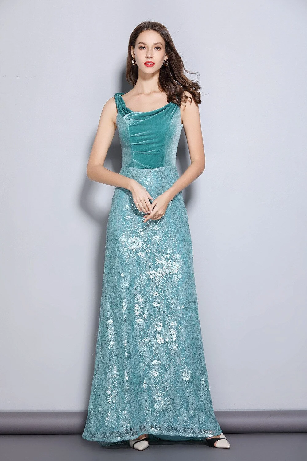 Women's Party Prom Slash Neckline Embroidery Lace Velvet Patchwork Elegant Maxi Long Designer Dresses - Image 3