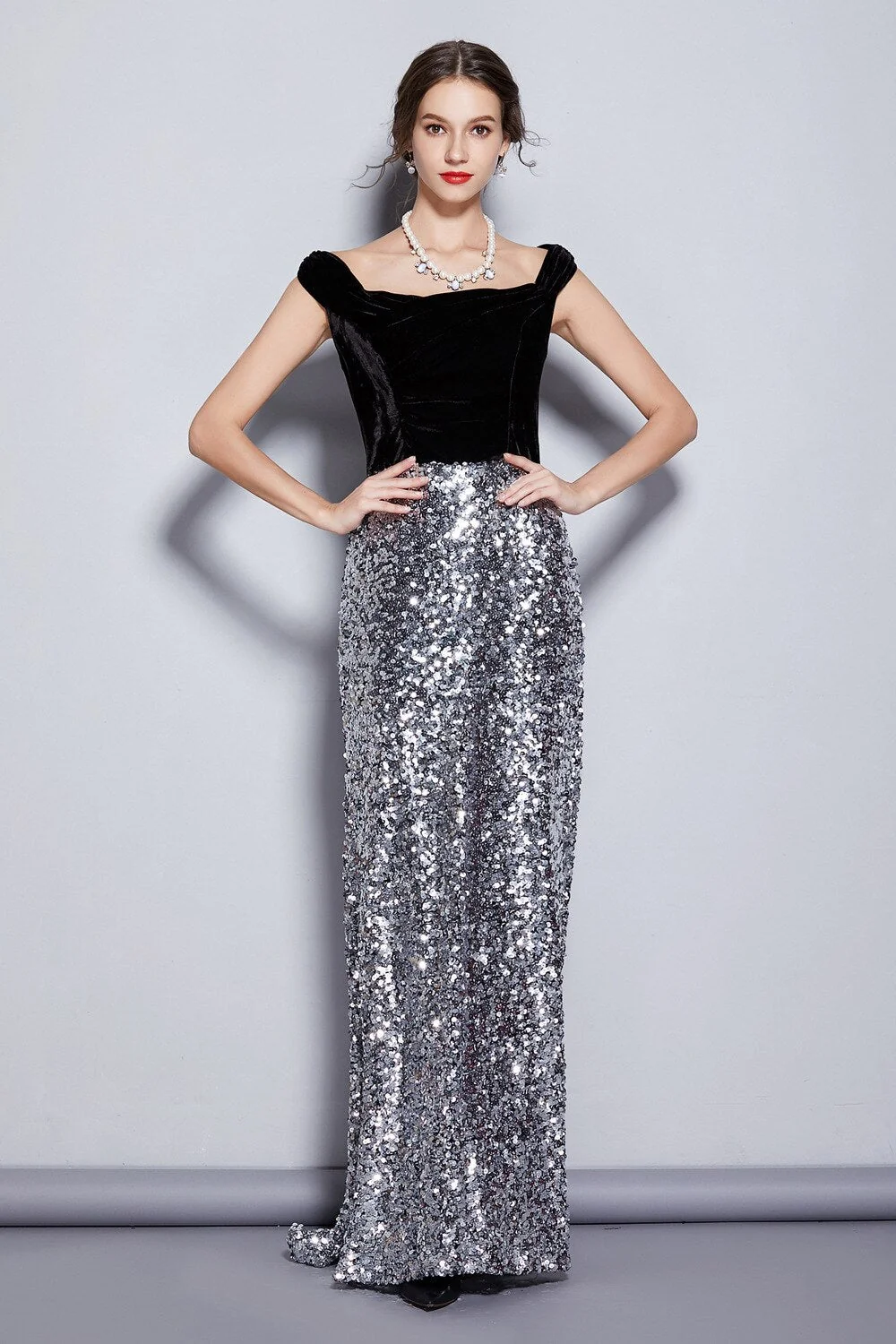 Women's Runway Designer Dresses Slash Neckline Cap Sleeves Velvet Bodice Patchwork Sequined Elegant Long Party Dresses - Image 3