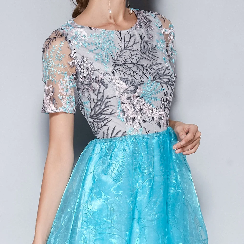 Women's O Neck Short Sleeves Embroidery Layered Elegant Party Dresses Prom Long Maxi Runway Dresses - Image 13