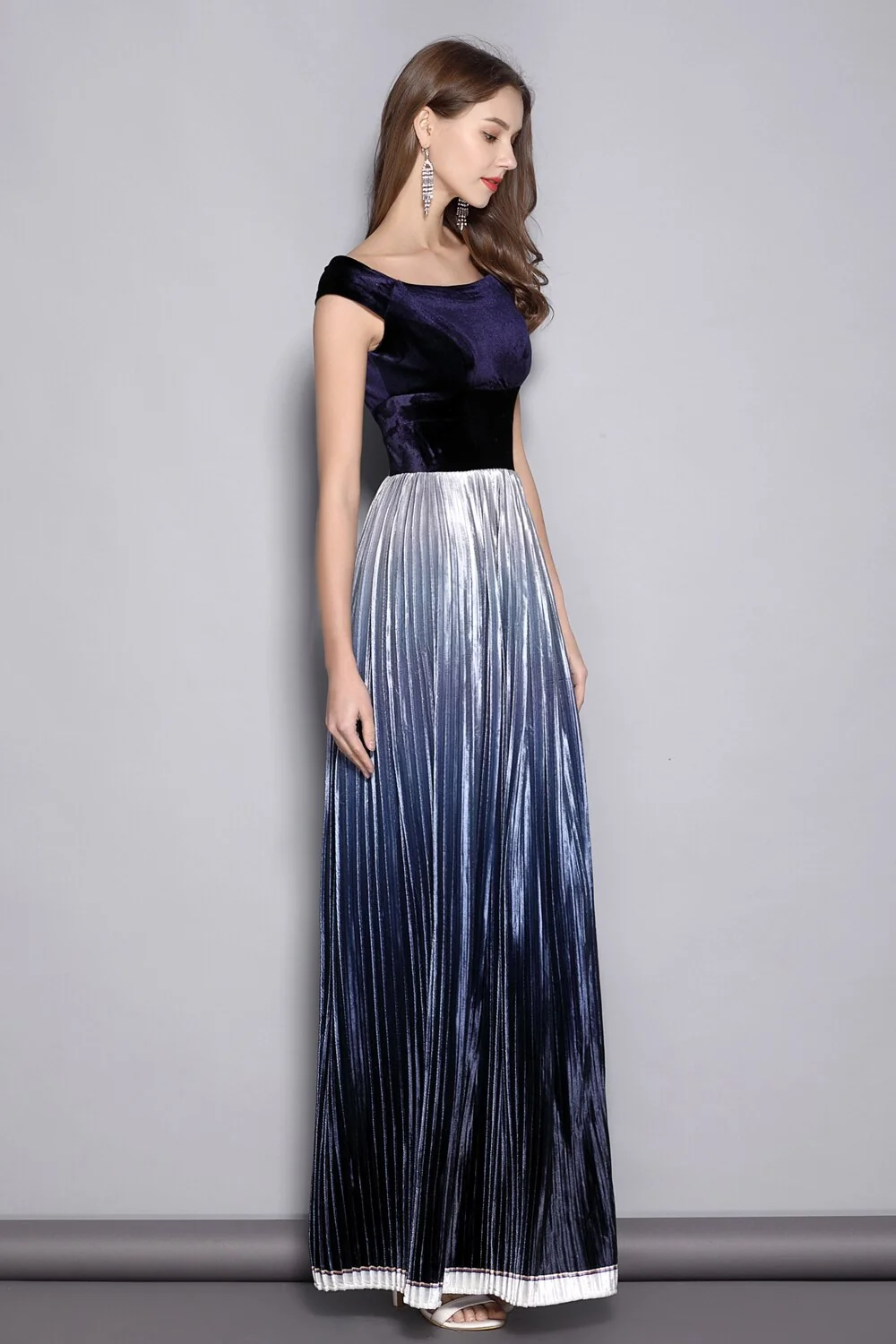 Women's Slash Neckline Short Sleeves Velour Pleated Party Prom Piping Elegant Long Runway Dresses - Image 5
