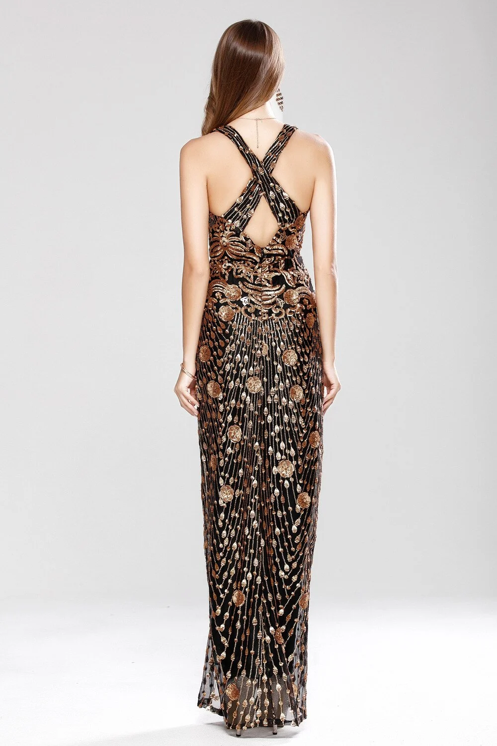 Women's Sexy Low V Neck Sleeveless Cross Open Back Embroidery Sequined Prom Party Dresses Long Runway Dresses - Image 5