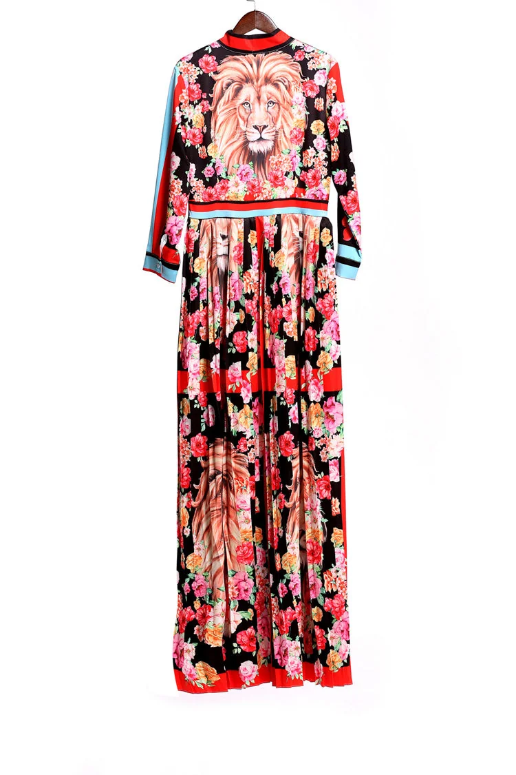 Women's O Neck Long Sleeves Bow Detailing Fixed Pattern Floral Printed Striped Pleated Elegant Maxi Runway Dresses - Image 10
