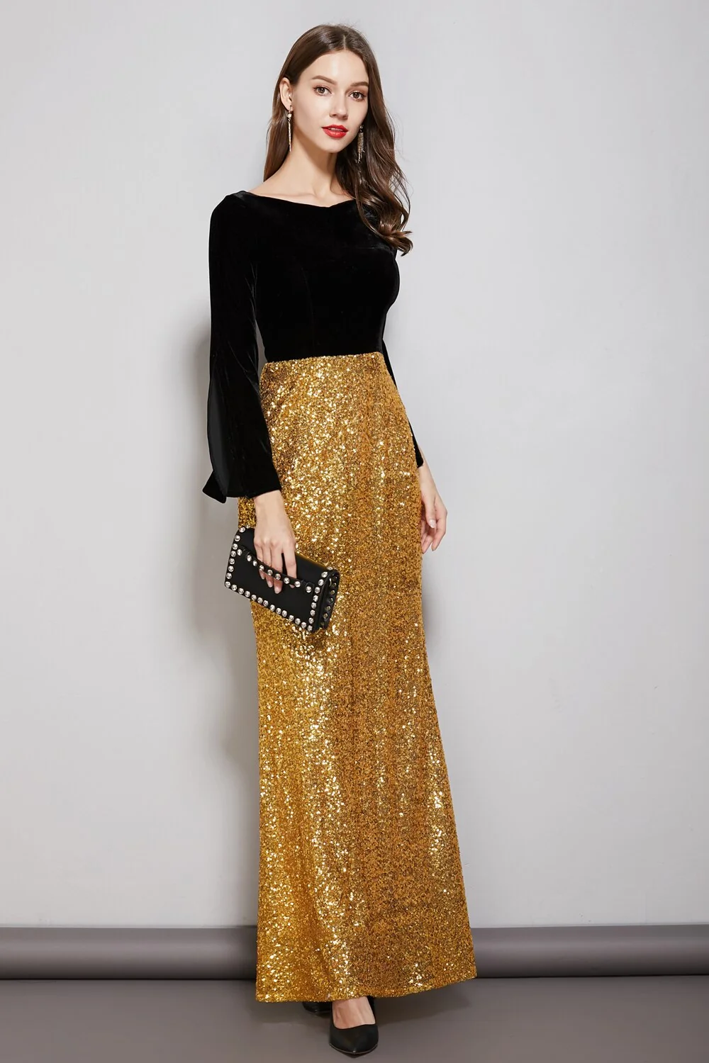 Women's Party Prom Slash Neckline Long Sleeves Velvet Bodice Patchwork Sequined Elegant Floor Length Dresses - Image 4