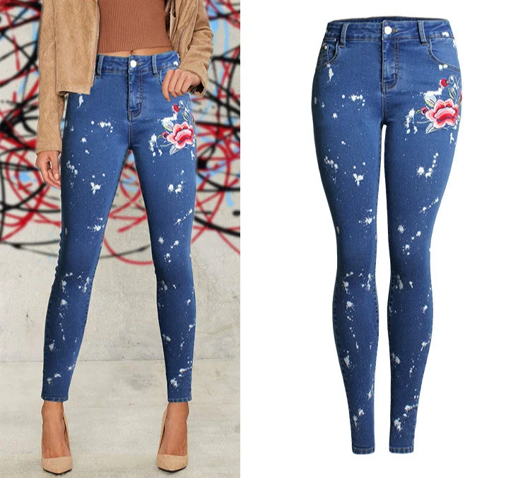 Skinny Embroidery Jeans Woman Pencil Denim Pants Ladies Casual Jeans
