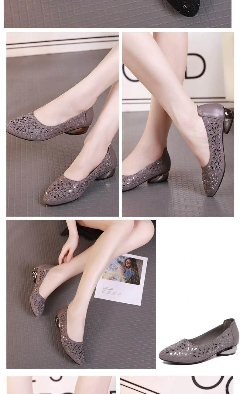 Crystal Low Heels Women shoes Soft Genuine Leather Female Shoes Women Slip On Footwear Square Heel Ladies Shoes - Image 9