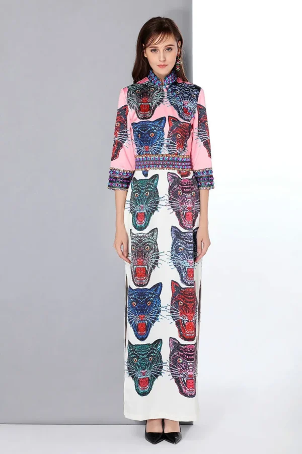 New Arrival  Women's Stand Collar 3/4 Sleeves Beaded Cartoons Printed Side Split Designer Elegant Long Runway Dresses