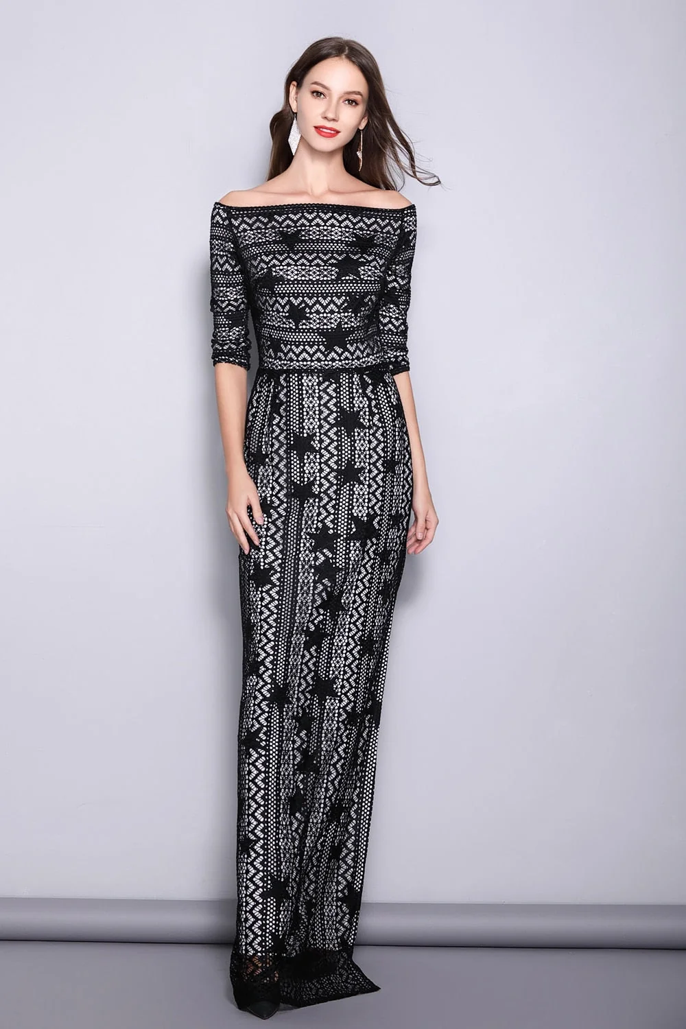 Women's Slash Neckline 3/4 Sleeves Off the Shoulder Embroidery Lace Split Elegant Party Dresses Fashion Long Runway Dresses - Image 3