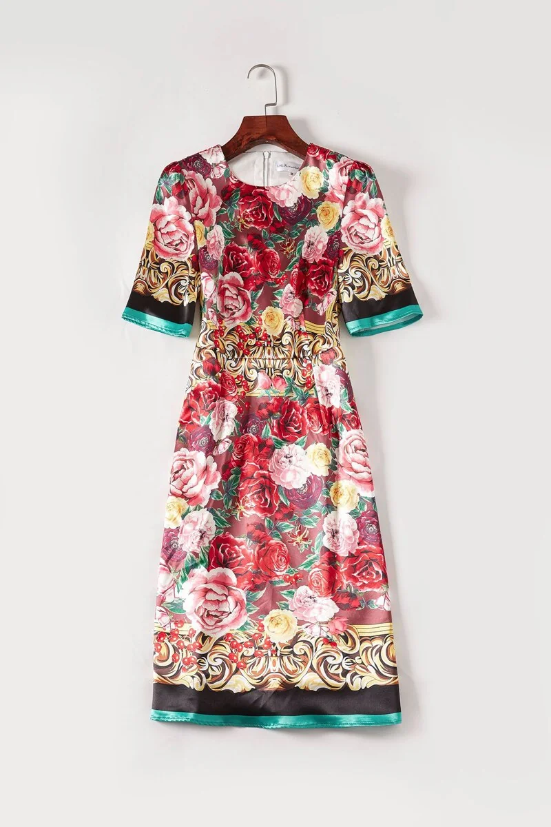 Women's Runway Dresses O Neck Short Sleeves Floral Printed Fashion Casual Pencil Summer Dresses - Image 9