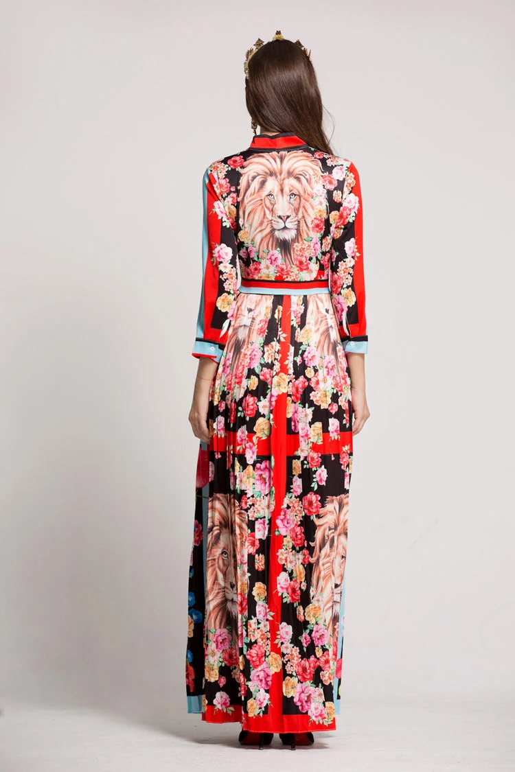Women's O Neck Long Sleeves Bow Detailing Fixed Pattern Floral Printed Striped Pleated Elegant Maxi Runway Dresses - Image 8
