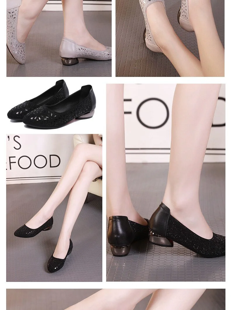 Crystal Low Heels Women shoes Soft Genuine Leather Female Shoes Women Slip On Footwear Square Heel Ladies Shoes - Image 8