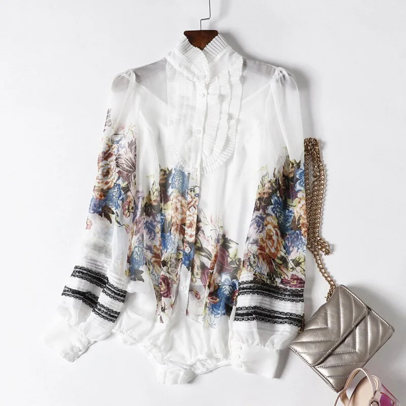Milan Arrival Spring Women's Ruffles Floral Printed Long Sleeves Elegant Fashion Designer Silk Shirts&Blouses - Image 10