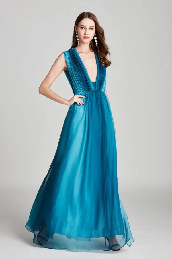 Sexy Low V Back Sleeveless Faded Color Ruched Fashion Floor Length Prom Dresses Party Foral Dressses