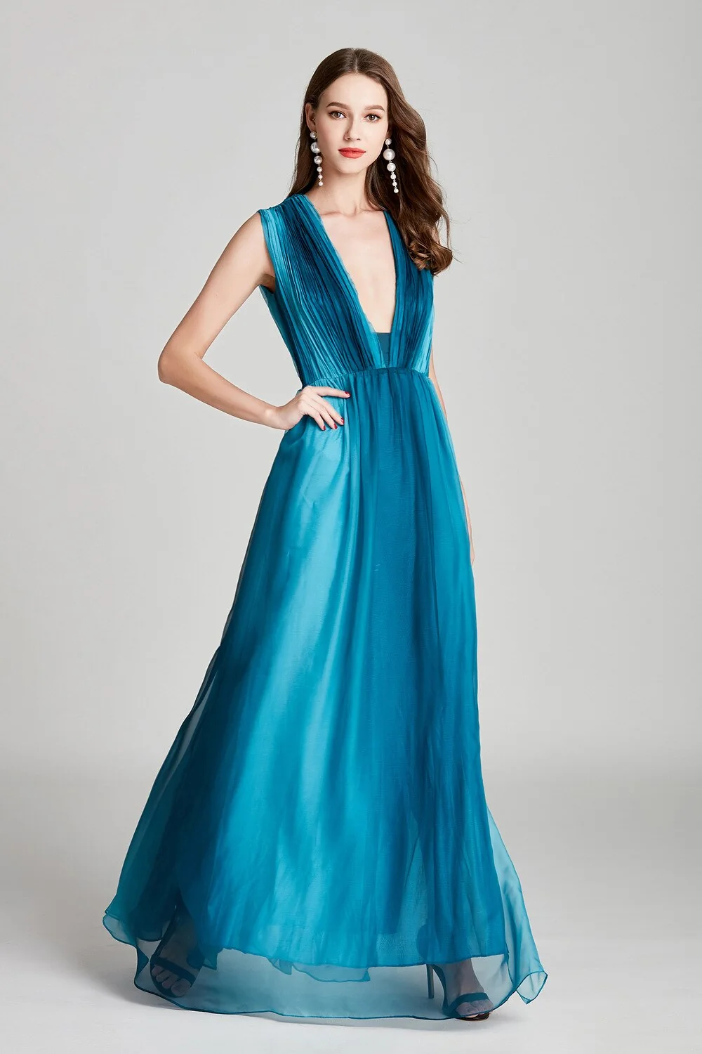 Sexy Low V Back Sleeveless Faded Color Ruched Fashion Floor Length Prom Dresses Party Foral Dressses