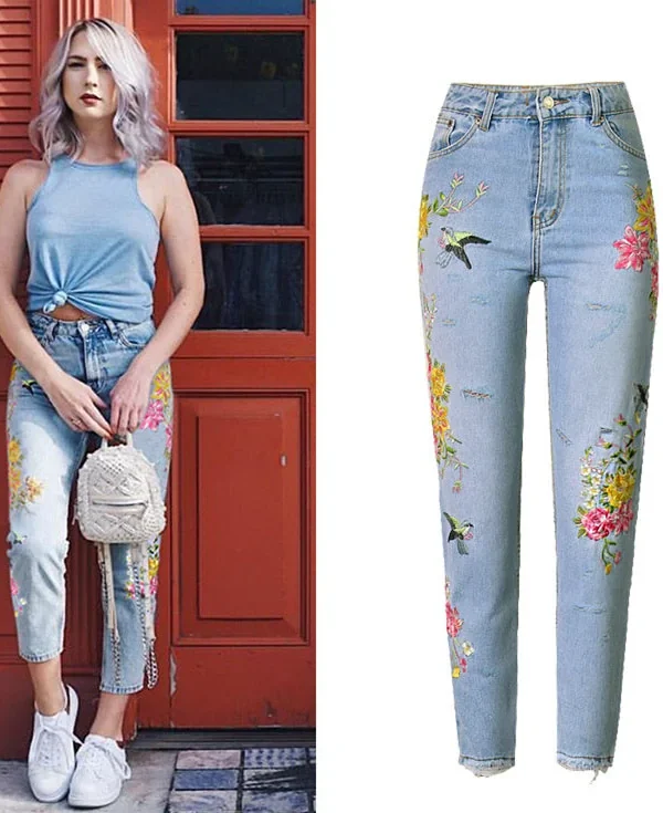 Embroidered Jeans Woman Flower Straight High Waist Women Jeans New