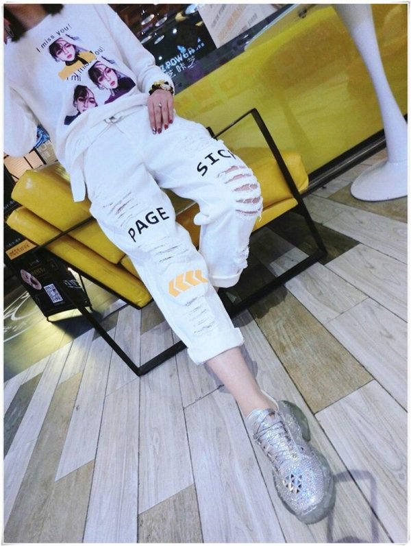 Letter Spliced Women Jeans Holes Pants Loose Candy Color Denim women's pants Autumn Harajuku BF Female Joggers - Takalr